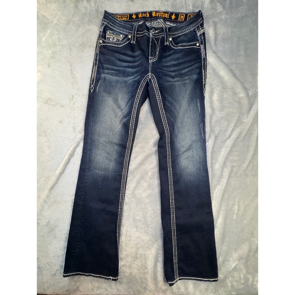 Rock Revival Marlie Easy Boot Jeans Women 28 Dark Wash Embellished Pockets 30x33 - Picture 1 of 12